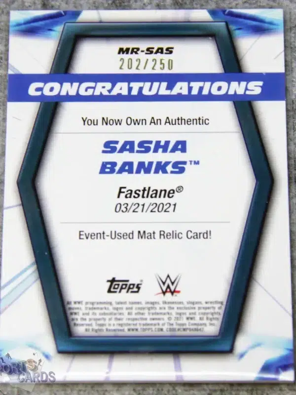 2021 Sasha Banks #MR-SAS Topps WWE Fastlane Mat Relic /250-back
