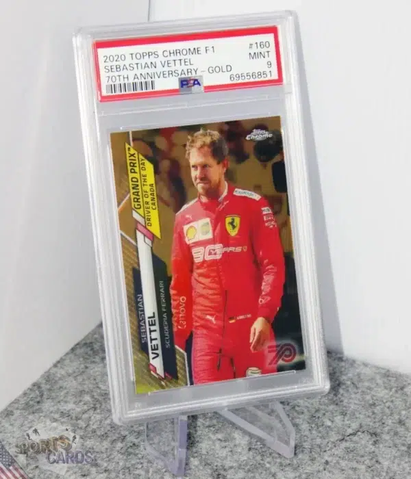 2020 Sebastian Vettel #160 Topps Chrome F1 70th Anniversary Gold PSA 9 MINT-stand