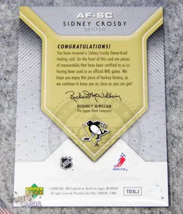 Alternative view of 2007-08 Sidney Crosby #AF-SC Upper Deck Authentic Fabrics SP Game Used Edition Jersey