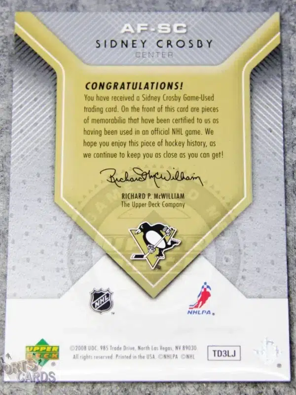 2007-08 Sidney Crosby #AF-SC Upper Deck Authentic Fabrics SP Game Used Edition Jersey-back