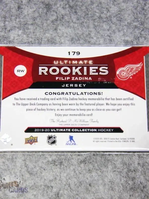 Alternative view of 2019-20 Filip Zadina #179 Upper Deck Ultimate Rookies Jersey RC /399