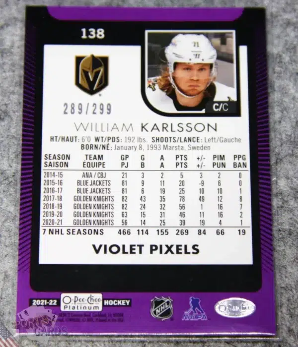 Alternative view of 2021-22 William Karlsson #138 Upper Deck O-Pee-Chee Platinum Violet Pixels /299