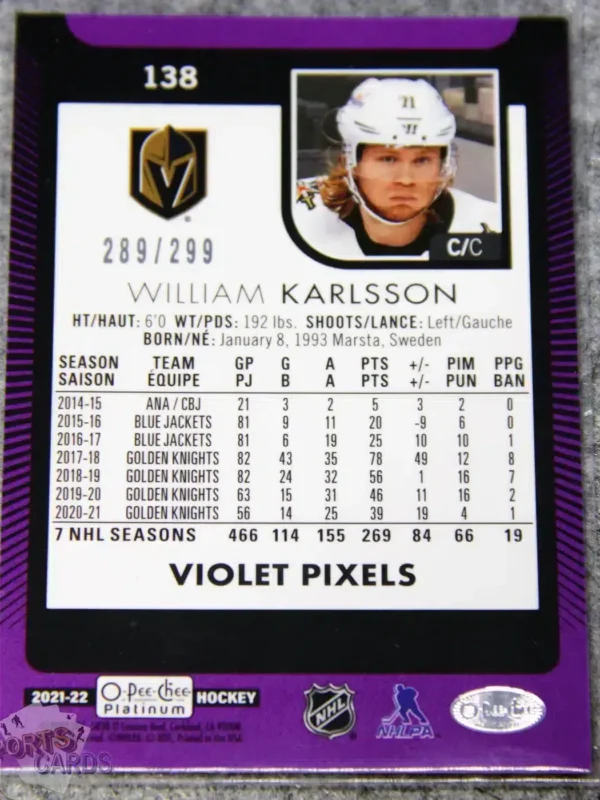 Alternative view of 2021-22 William Karlsson #138 Upper Deck O-Pee-Chee Platinum Violet Pixels /299