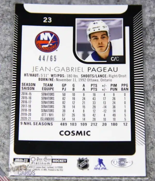 2021-22 Jean-Gabriel Pageau #23 Upper Deck O-Pee-Chee Platinum Cosmic /65-back