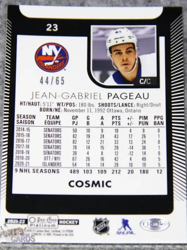 2021-22 Jean-Gabriel Pageau #23 Upper Deck O-Pee-Chee Platinum Cosmic /65-back