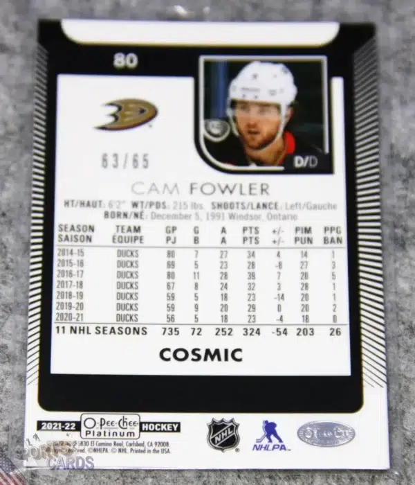 Alternative view of 2021-22 Cam Fowler #80 Upper Deck O-Pee-Chee Platinum Cosmic /65