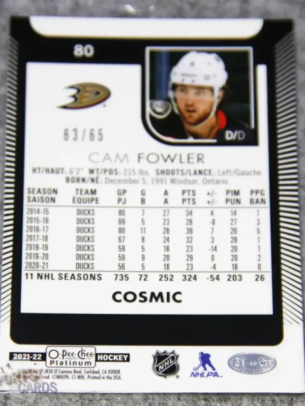 Alternative view of 2021-22 Cam Fowler #80 Upper Deck O-Pee-Chee Platinum Cosmic /65