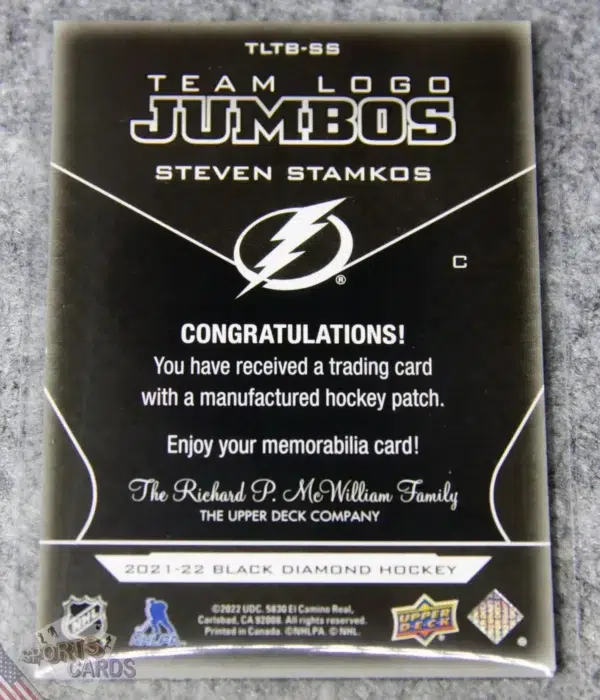 Alternative view of 2021-22 Steven Stamkos #TLTB-SS Upper Deck Black Diamond Team Logo Jumbos Patch