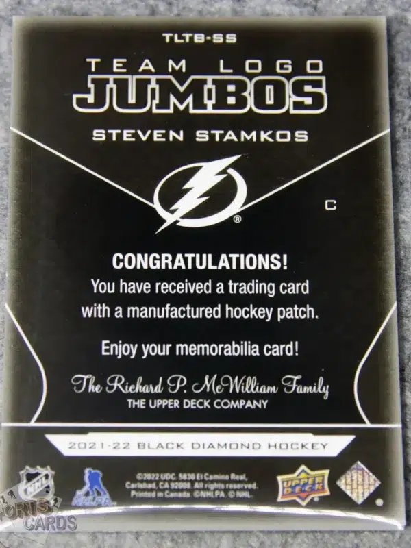 Alternative view of 2021-22 Steven Stamkos #TLTB-SS Upper Deck Black Diamond Team Logo Jumbos Patch