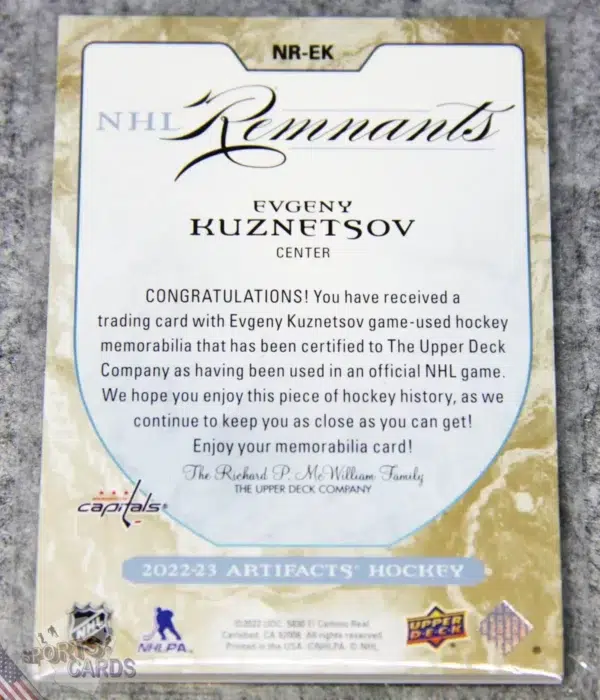 Alternative view of 2022-23 Evgeny Kuznetsov #NR-EK Upper Deck Artifacts NHL Remnants Patch /25