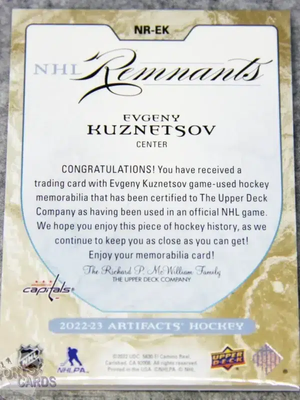 Alternative view of 2022-23 Evgeny Kuznetsov #NR-EK Upper Deck Artifacts NHL Remnants Patch /25