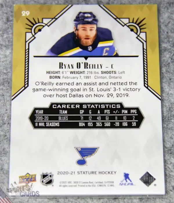 Alternative view of 2020-21 Ryan O'Reilly #29 Upper Deck Stature Green Parallel /175