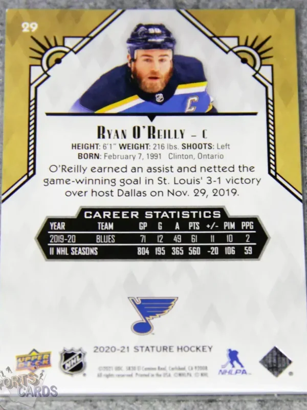 Alternative view of 2020-21 Ryan O'Reilly #29 Upper Deck Stature Green Parallel /175