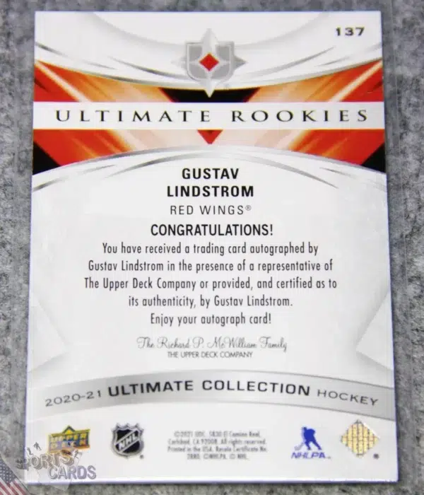 2020-21 Gustav Lindstrom #137 Upper Deck Ultimate Collection Rookies RC Auto /299-back