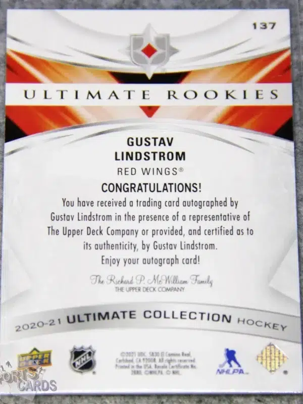 Alternative view of 2020-21 Gustav Lindstrom #137 Upper Deck Ultimate Collection Rookies RC Auto /299