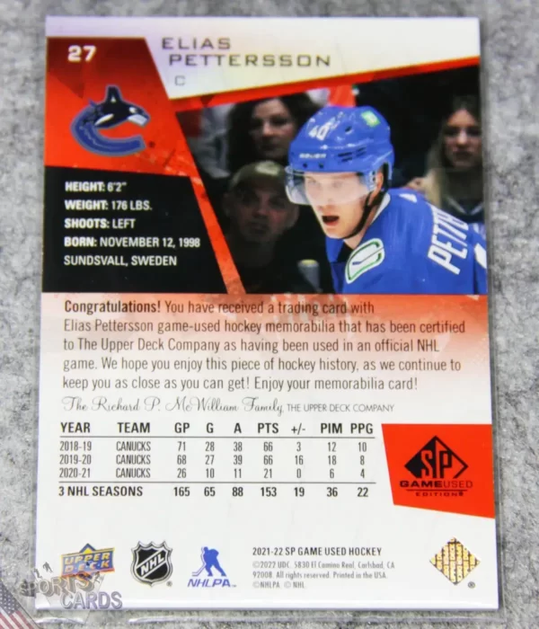 Alternative view of 2021-22 Elias Pettersson #27 Upper Deck SP Game Used Edition Jersey