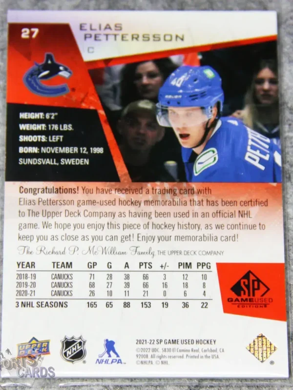 2021-22 Elias Pettersson #27 Upper Deck SP Game Used Edition Jersey-back