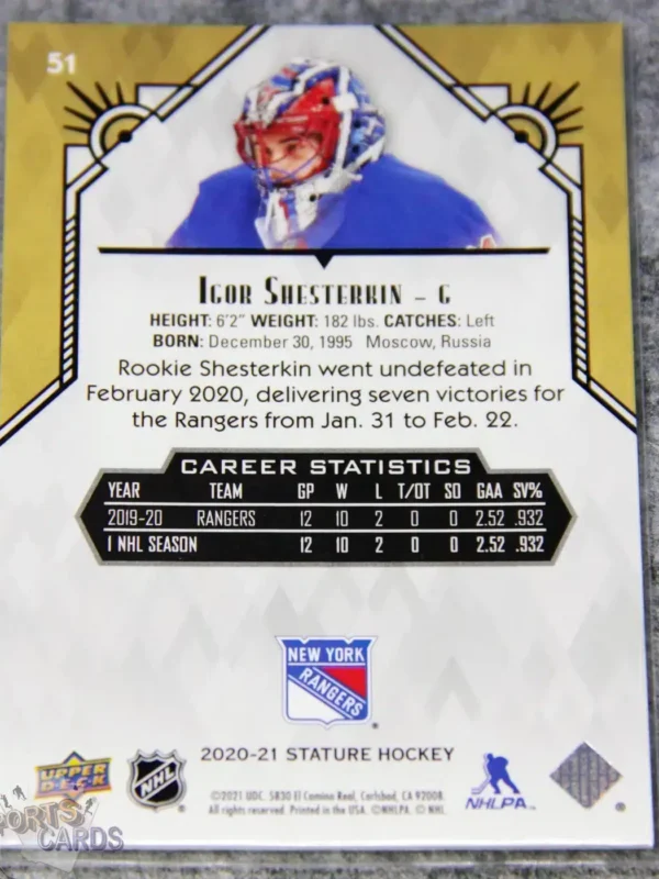 Alternative view of 2020-21 Igor Shesterkin #51 Upper Deck Stature Green Parallel /175