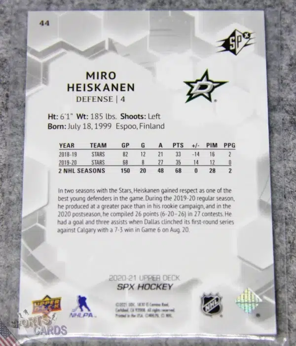 Alternative view of 2020-21 Miro Heiskanen #44 Upper Deck SPx /299