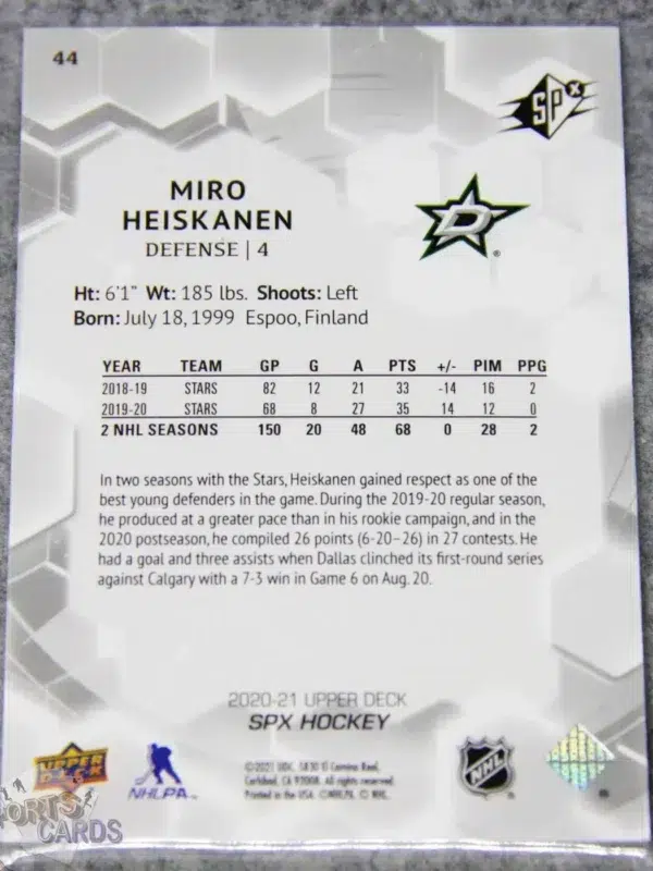 Alternative view of 2020-21 Miro Heiskanen #44 Upper Deck SPx /299