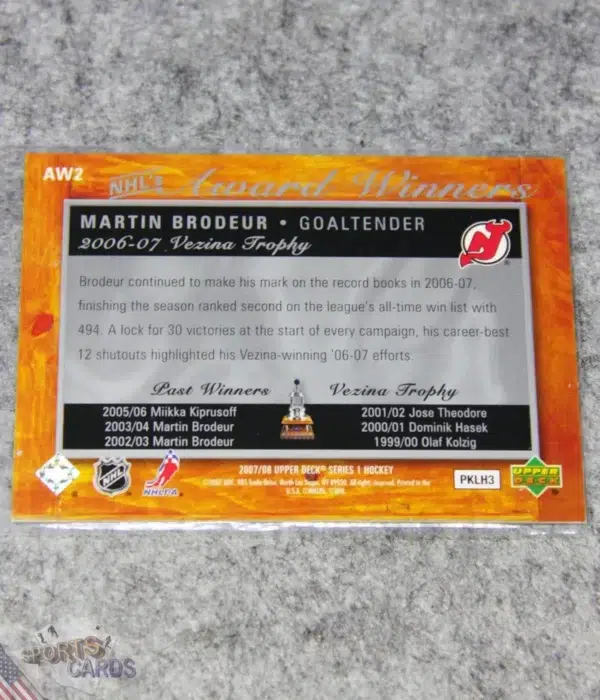Alternative view of 2007-08 Martin Brodeur #AW2 Upper Deck NHL Award Winners Vezina Trophy