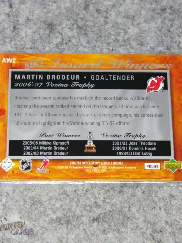 2007-08 Martin Brodeur #AW2 Upper Deck NHL Award Winners Vezina Trophy-back