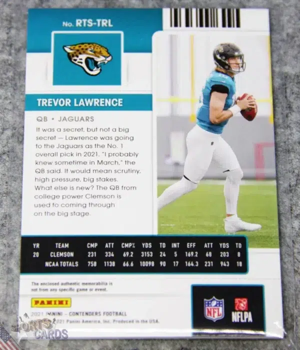 Alternative view of 2021 Trevor Lawrence #RTS-TRL Panini Contenders Green Rookie Ticket RC Patch