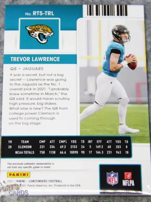 Alternative view of 2021 Trevor Lawrence #RTS-TRL Panini Contenders Green Rookie Ticket RC Patch