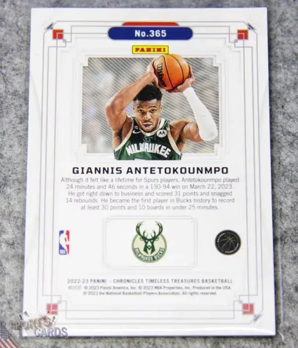 2022-23 Giannis Antetokounmpo #365 Panini Chronicles Timeless Treasures Blue /99-back