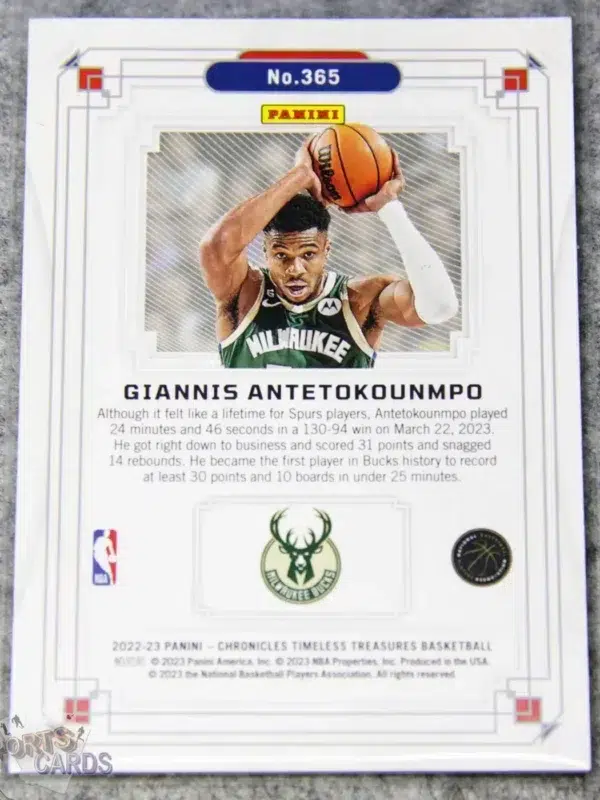 2022-23 Giannis Antetokounmpo #365 Panini Chronicles Timeless Treasures Blue /99-back