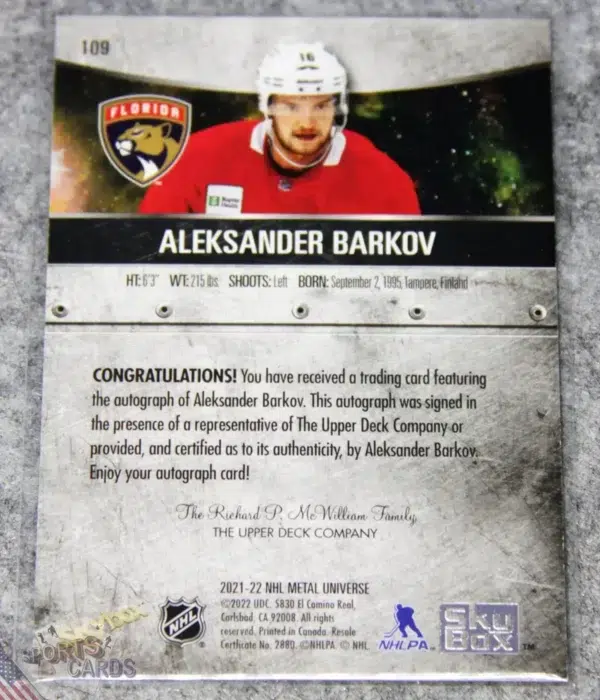 2021-22 Aleksander Barkov #109 Skybox Metal Universe Autograph-back