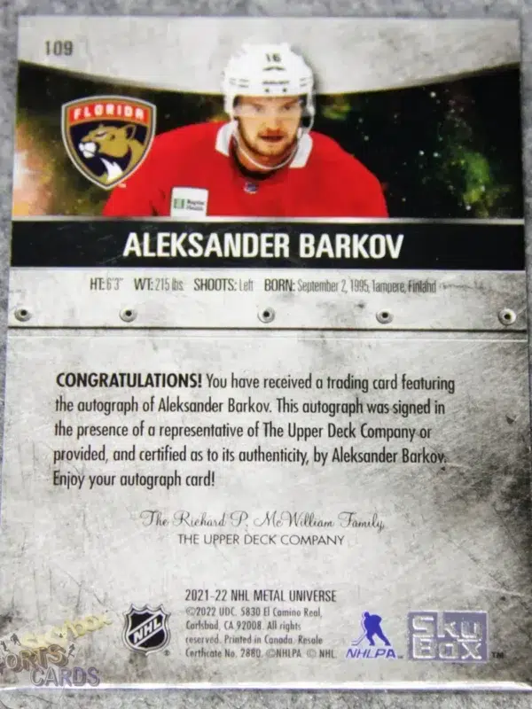 Alternative view of 2021-22 Aleksander Barkov #109 Skybox Metal Universe Autograph
