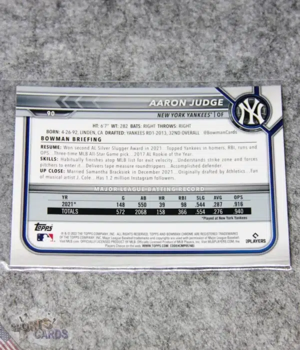 2022 Aaron Judge #90 Topps Bowman Chrome Sapphire Parallel-back