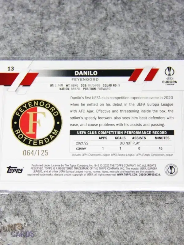 2022-23 Danilo #13 Topps UEFA Europa League Blue Inferno Foil Refractor RC /125-back