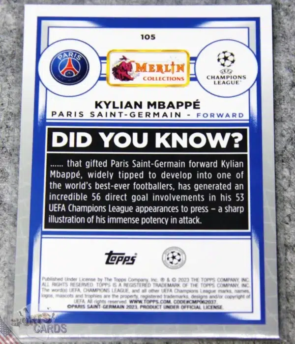 Alternative view of 2022-23 Kylian Mbappe #105 Topps Merlin UEFA Champions League