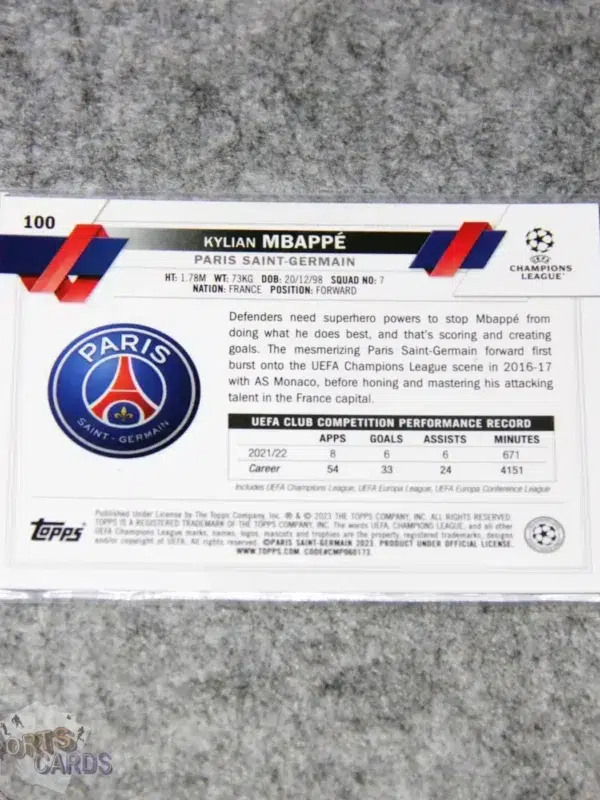 2022-23 Kylian Mbappe #100 Topps Chrome UEFA Champions League-back