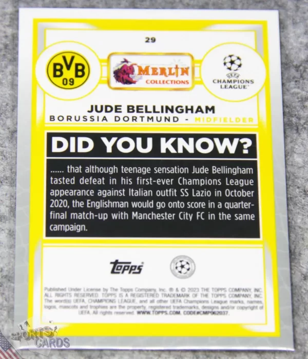 Alternative view of 2022-23 Jude Bellingham #29 Topps Merlin UEFA Champions League Pink Mojo Refractor /275