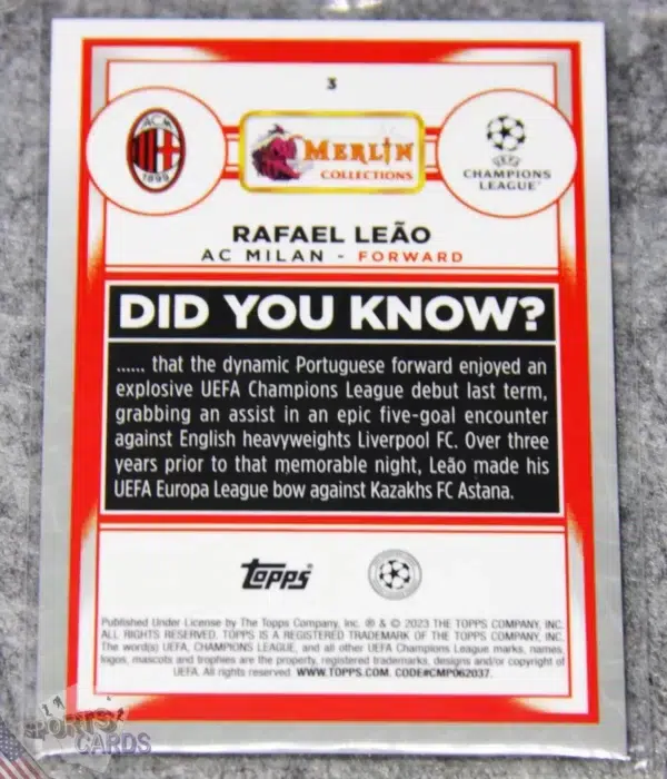 2022-23 Rafael Leao #3 Topps Merlin UEFA Champions League Pink Mojo Refractor /275-back