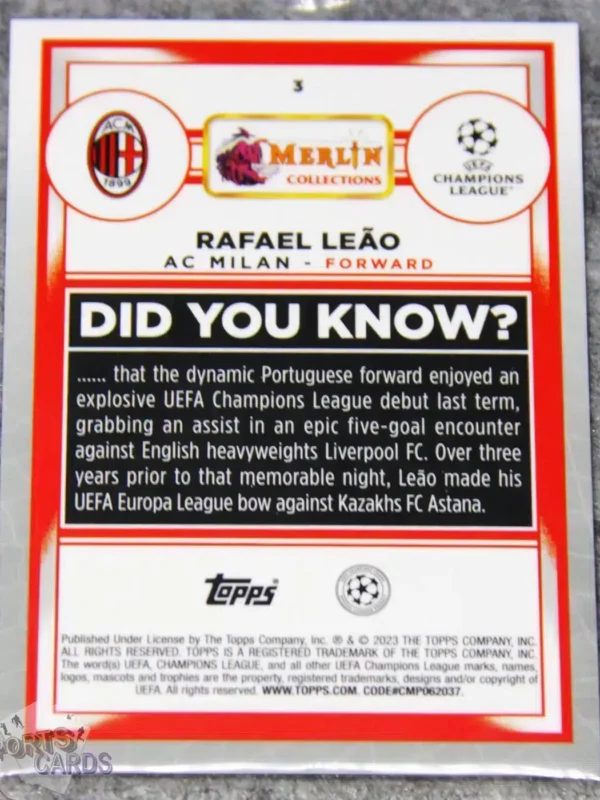 2022-23 Rafael Leao #3 Topps Merlin UEFA Champions League Pink Mojo Refractor /275-back