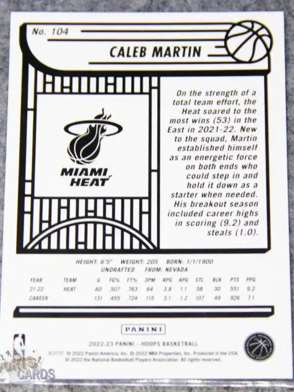 Alternative view of 2022-23 Caleb Martin #104 Panini NBA Hoops Purple Parallel SP
