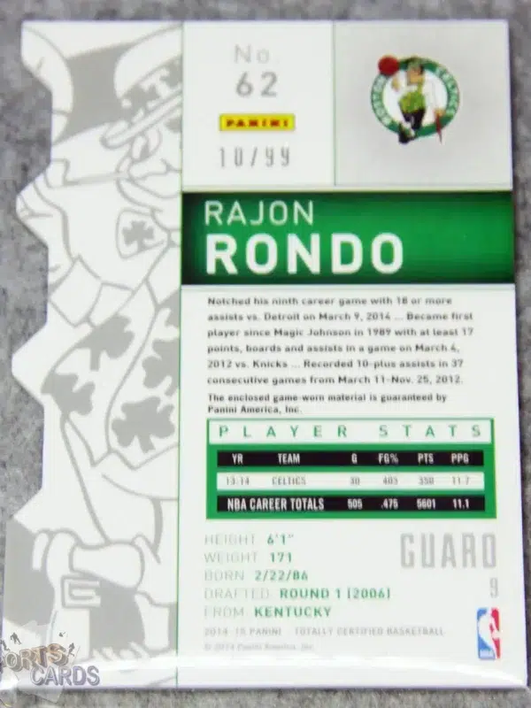 2014-15 Rajon Rondo #62 Panini Totally Certified Jerseys Purple Parallel Die-Cut /99-back