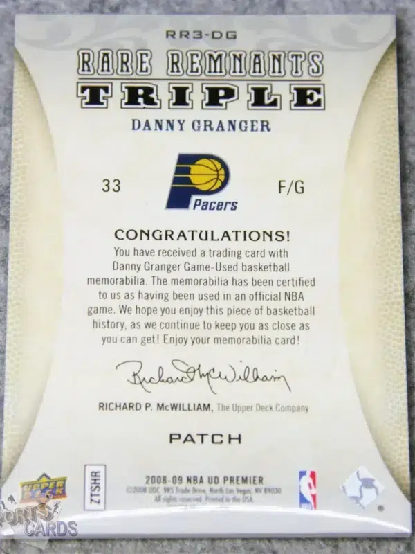 2008-09 Danny Granger #RR3-DG Upper Deck Premier Rare Remnants Triple Patch /50-back
