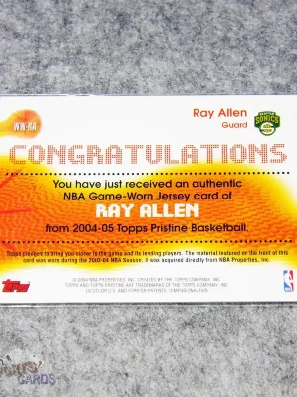 Alternative view of 2004-05 Ray Allen #WW-RA Topps Pristine Winning Wardrobe Game Worn Jersey