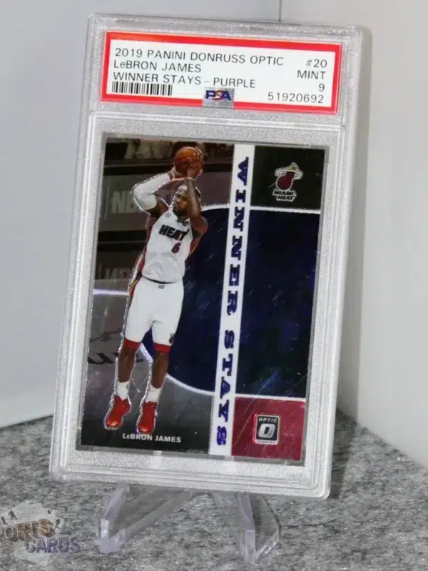 2019-20 LeBron James #20 Panini Donruss Optic Winner Stays Purple Parallel PSA 9 MINT-stand