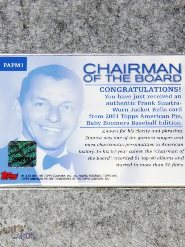 2001 Frank Sinatra #PAPM1 Topps American Pie Chairman of the Board Jacket Patch-back
