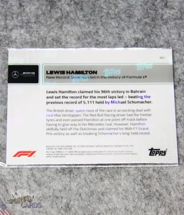 Alternative view of 2021 Lewis Hamilton #1 Topps Now F1 Most Laps Led in F1 History