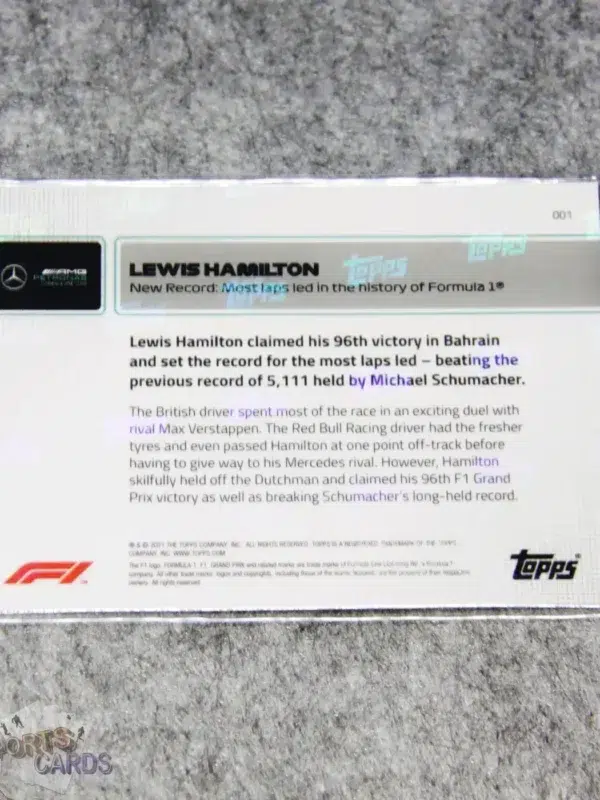 2021 Lewis Hamilton #1 Topps Now Most Laps Led in F1 History-back