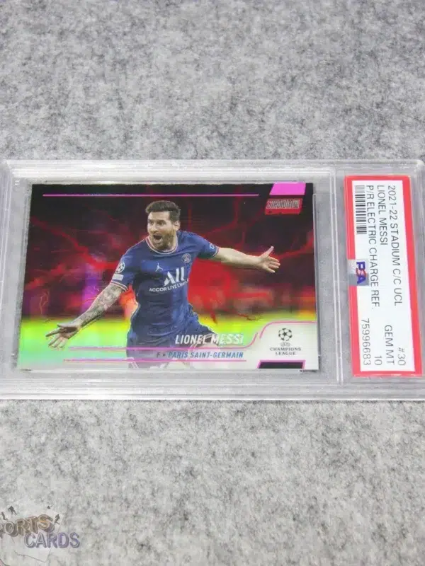 2021-22 Lionel Messi #30 Topps Stadium Club Chrome UEFA Champions League Pink Red Electric Charge PSA 10 GEM MT-front