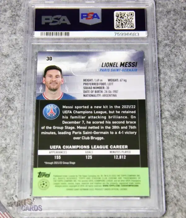 Alternative view of 2021-22 Lionel Messi #30 Topps Stadium Club Chrome UEFA Champions League Pink Red Electric Charge PSA 10 GEM MT