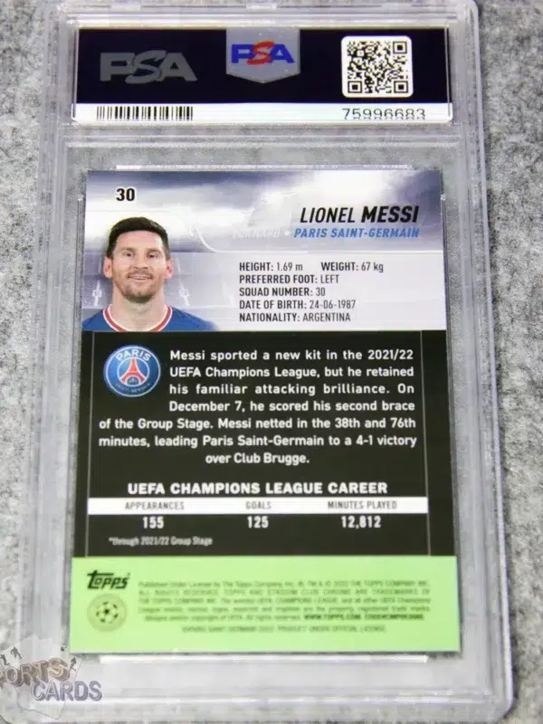 2021-22 Lionel Messi #30 Topps Stadium Club Chrome UEFA Champions League Pink Red Electric Charge PSA 10 GEM MT-back